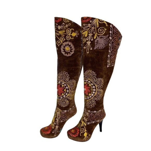 Turkish Soul Vintage Womens Boots Size 37 Brown Over The Knee Embroidered - Picture 4 of 16